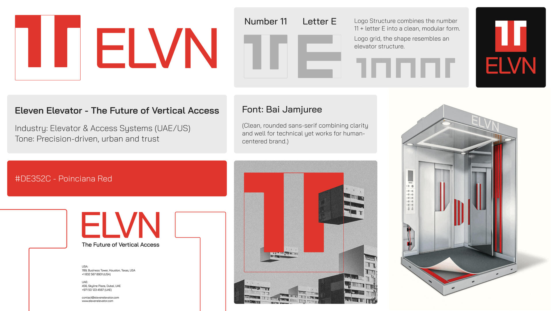 Logo construction showing 11 and E combination, Bai Jamjuree font, and red palette with elevator product visual