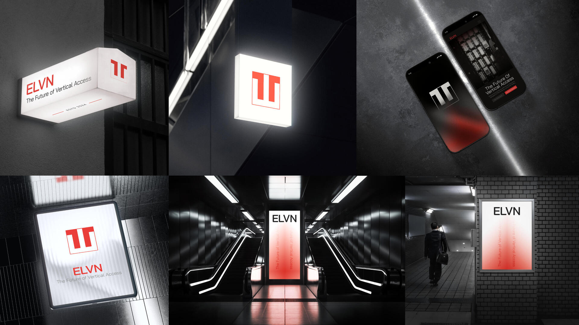 Eleven Elevator – Smart UI & Urban Integration Mobile app interface, metro signage, and smart elevator features in urban environments