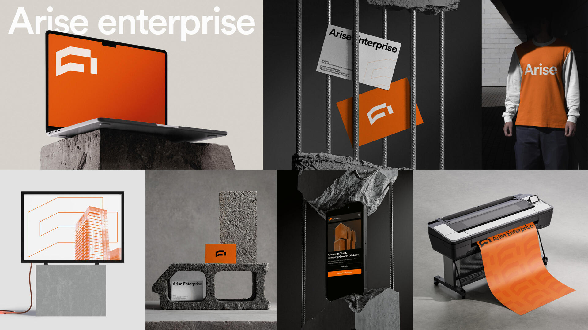 Arise Enterprise logo displayed on laptop, ID badge, and business card