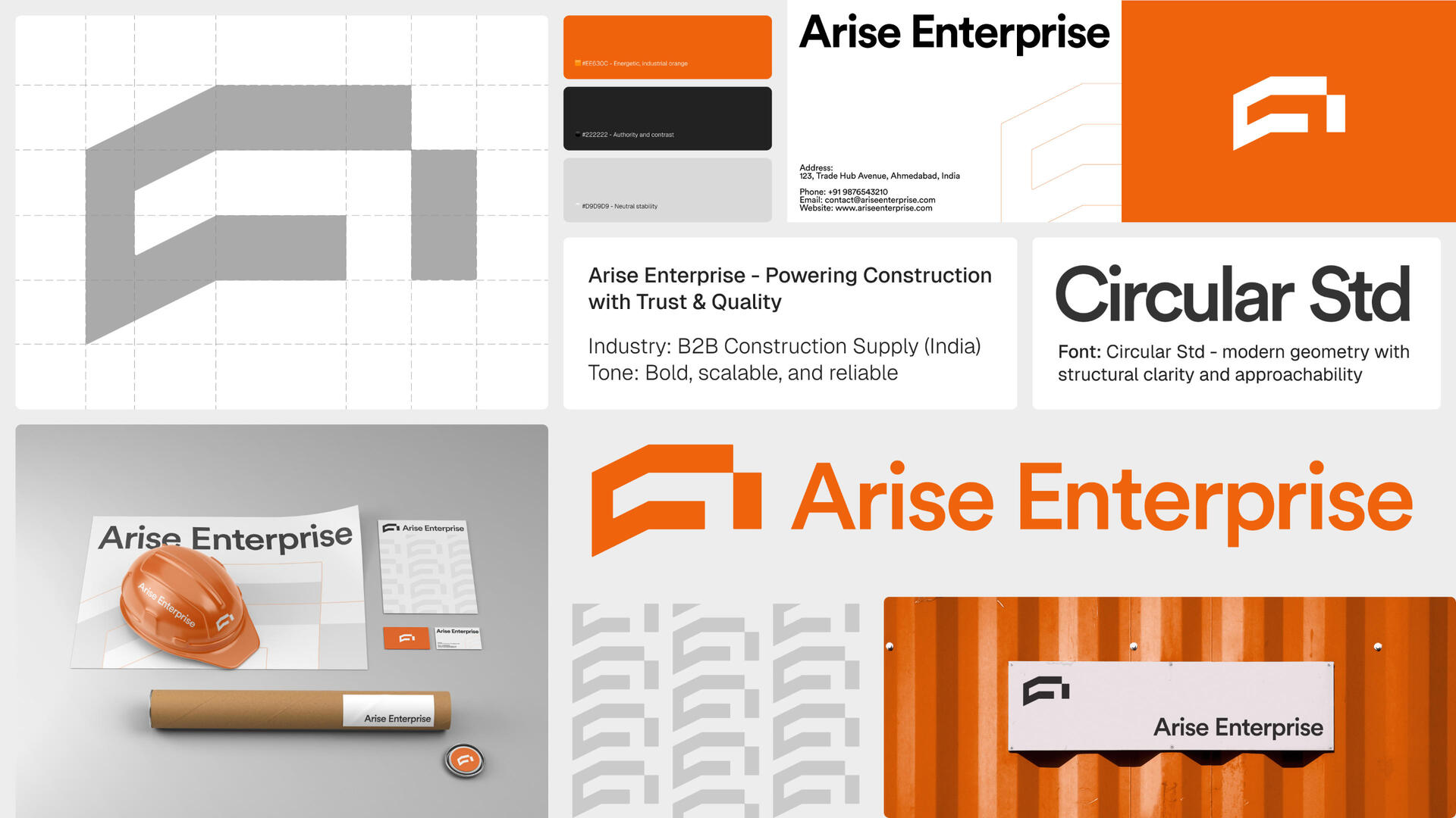 Arise Enterprise brand overview including logo grid, colors, and font