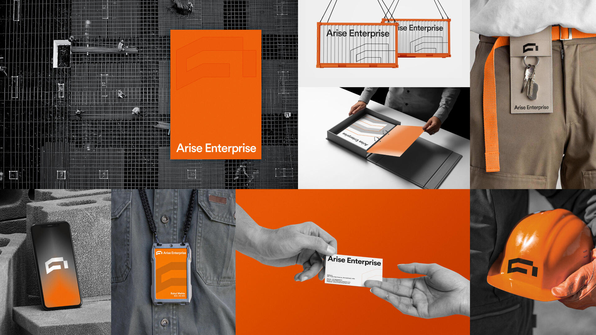 Arise Enterprise brand applied to packaging, helmet, and business card