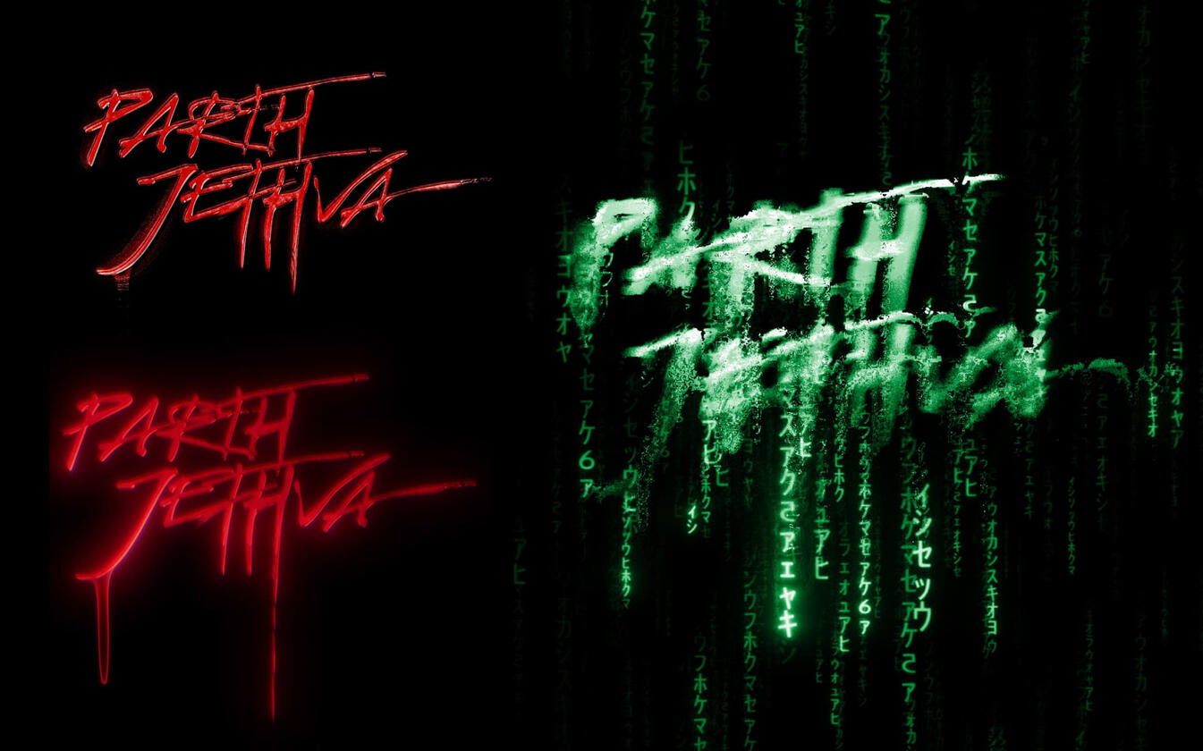 Green-themed hacker matrix style melting logo print design by Parth Jethva