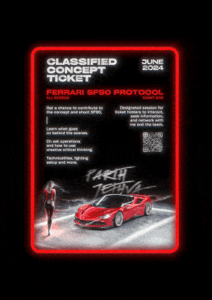 Final black-themed ticket design for SF90 Ferrari shoot by Parth Jethva