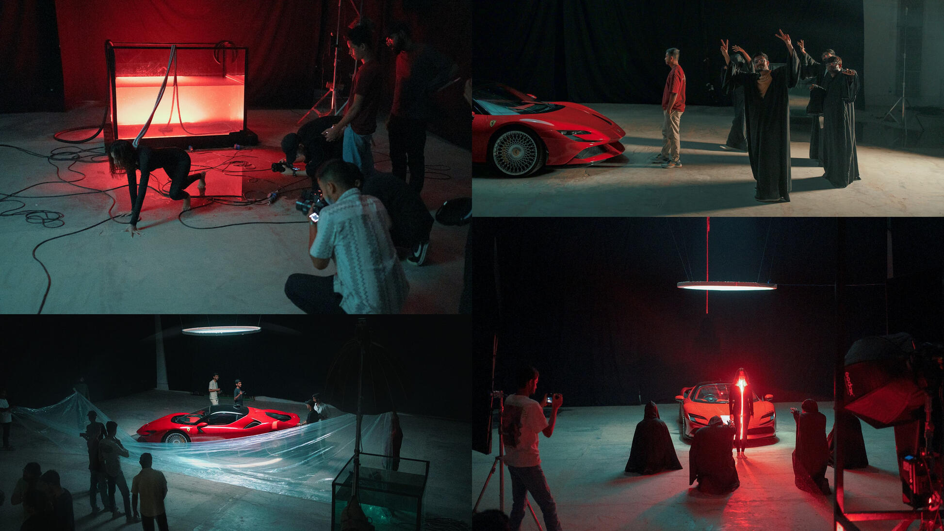 SF90 Ferrari shoot frame showing model emerging from water with red laser lighting effects, by Parth Jethva