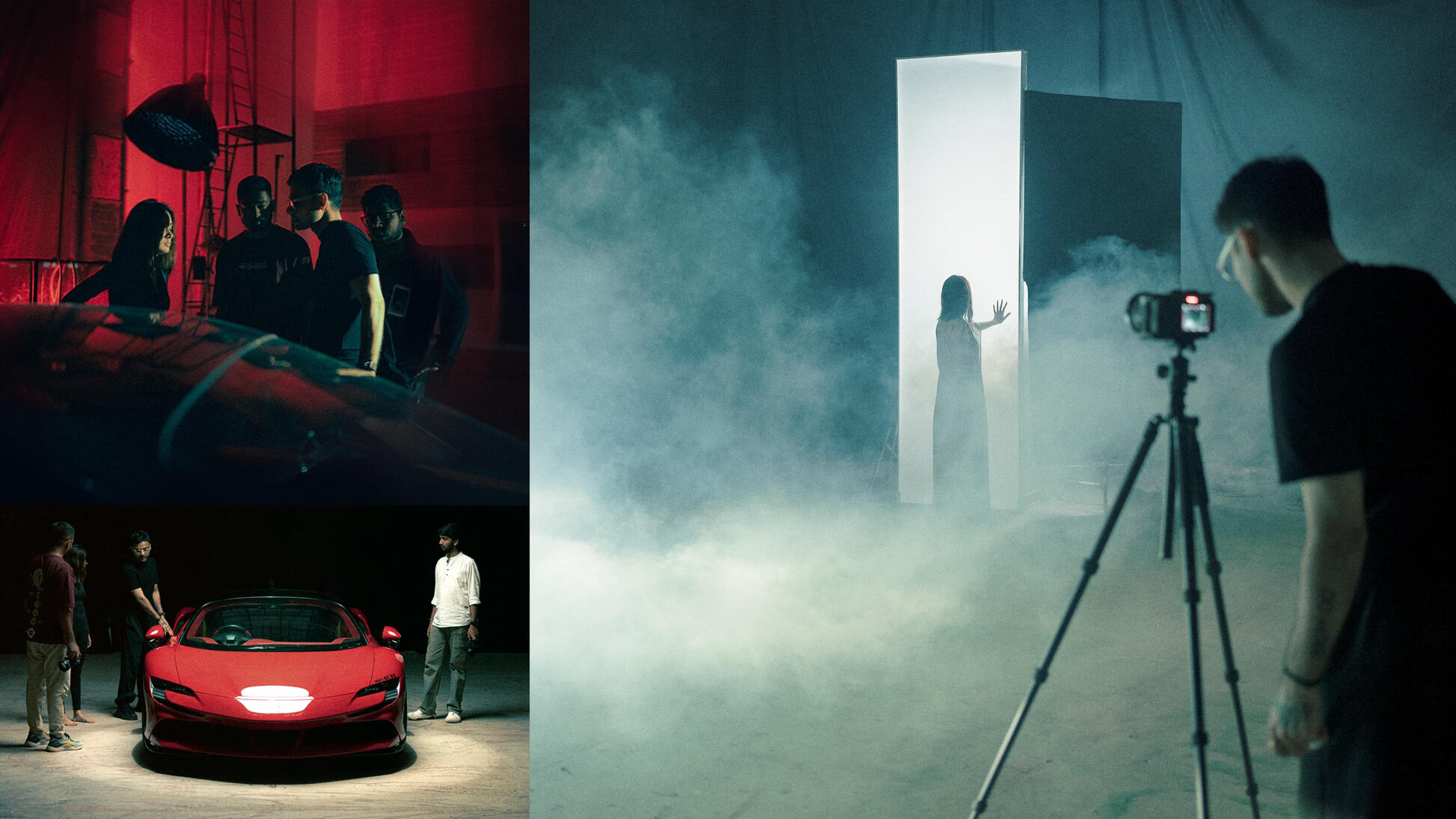 Production crew working on SF90 Ferrari shoot with smoke and extraterrestrial theme, photographed by Parth Jethva