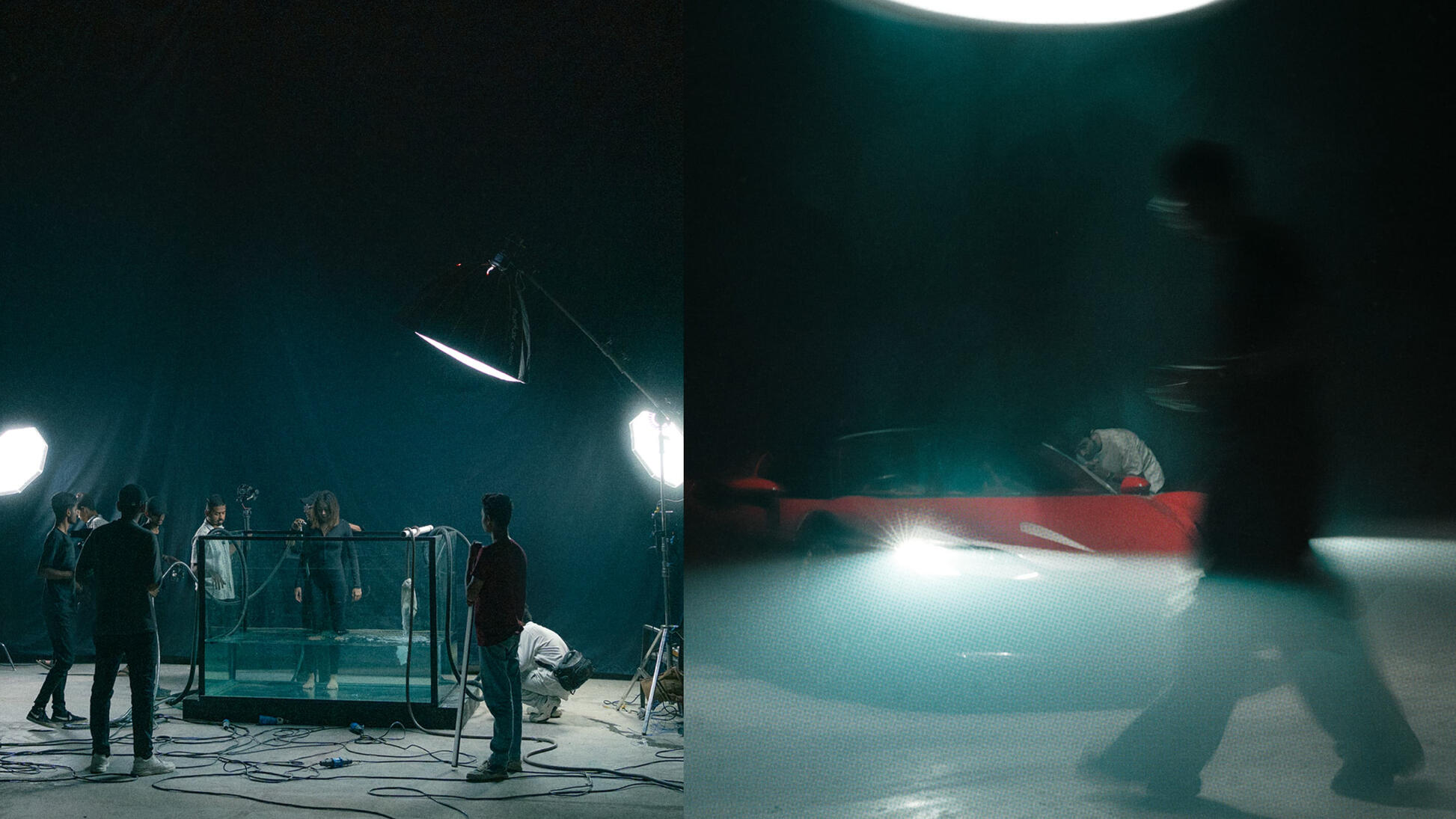 Behind-the-scenes setup of SF90 Ferrari shoot featuring water tank concept, directed by Parth Jethva