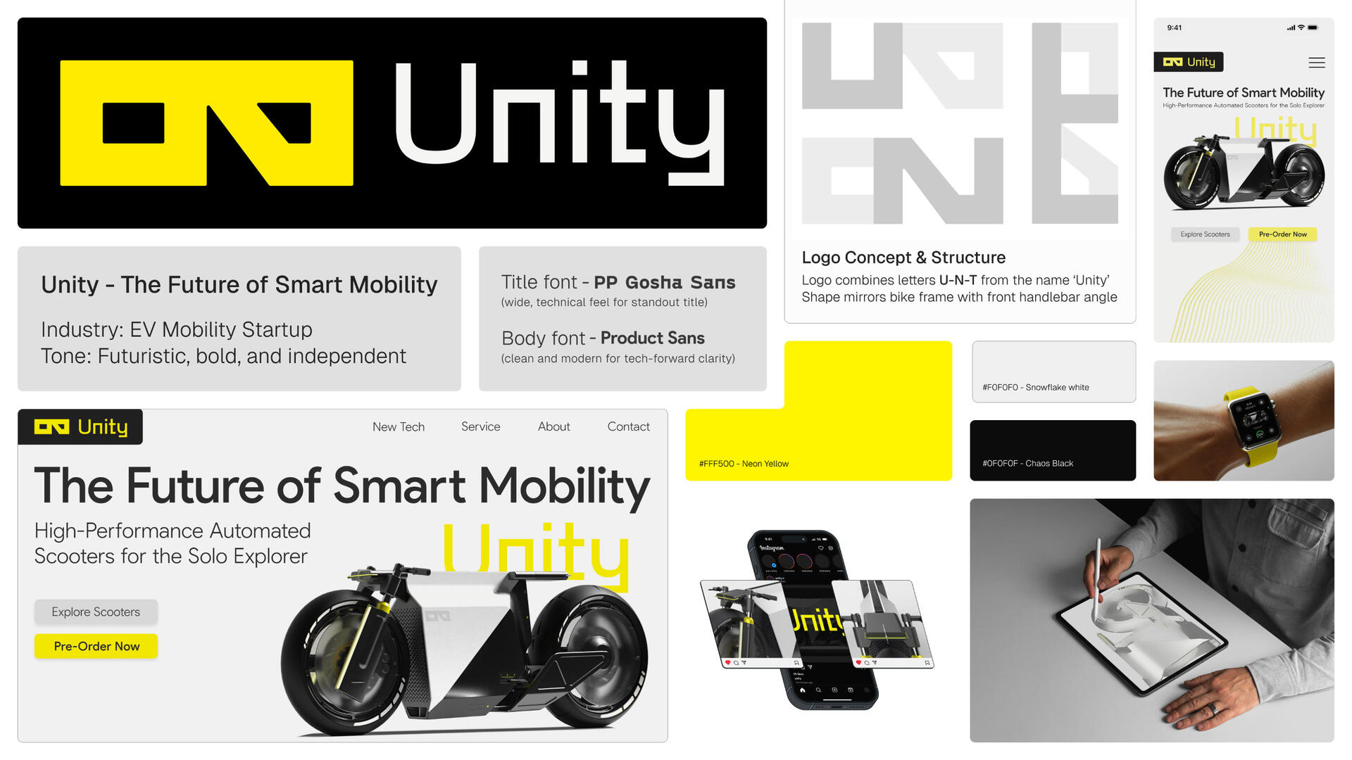 Logo, color system, scooter mockup, fonts, mobile interface UI for Unity EV